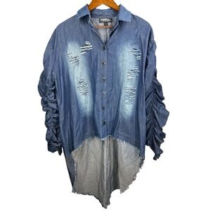 Thrill Jeans Denim Shirt Dress Ruffle Sleeve‎ Distressed High Low Hem Small